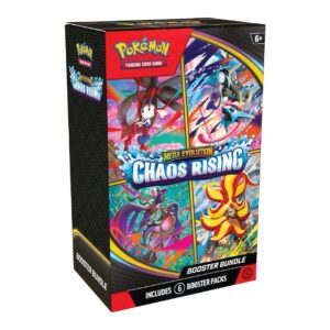 Caja Booster Bundle de Pokémon TCG Chaos Rising con ilustraciones de Mega Evolución y aviso de 6 sobres.