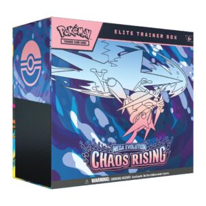 Caja Elite Trainer Box de Pokémon TCG Chaos Rising con ilustración de Mega-Evolution en tonos azules y rosas.