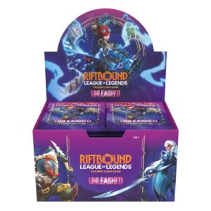 Caja Booster Box de Riftbound League of Legends TCG Unleashed con sobres e ilustraciones de Vi y Pyke.
