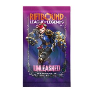 Sobre de expansión de 14 cartas de Riftbound League of Legends TCG Unleashed con ilustración del campeón Vi.