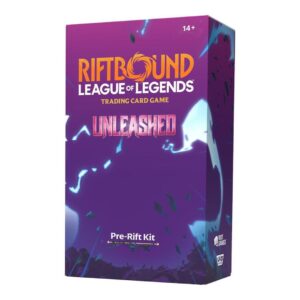 Caja Pre-Rift Kit de Riftbound League of Legends TCG Unleashed en color morado con rayos de energía.