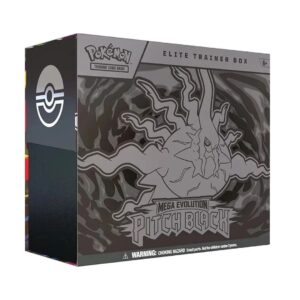 Caja Elite Trainer Box de Pokémon TCG Mega Evolution Pitch Black en tonos grises y negros.